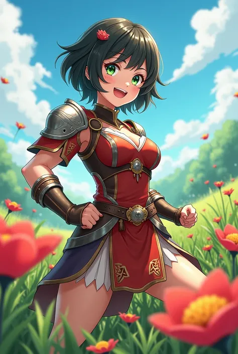 An anime girl, green-eyed,  with short hair , very happy, Muscular and athletic, wearing a black medieval costume,  in a field of flowers.