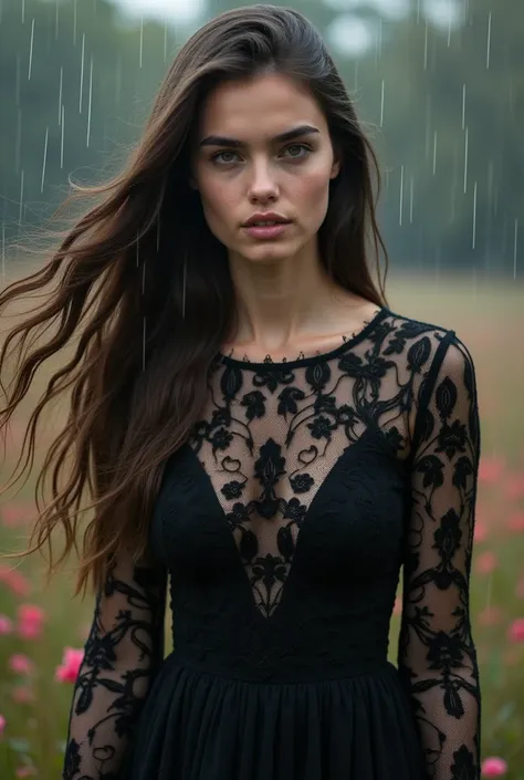 Black flower background,raining,Full length filigree dress flowing in wind,Closeup,Banksy style, Youthful woman  ,3/4 photo,Banksy style,Close up,mixture of Ana de armas and Hailee steinfeld ,beautiful_see through_dress,Long Hair, Breasts, High Resolution,...