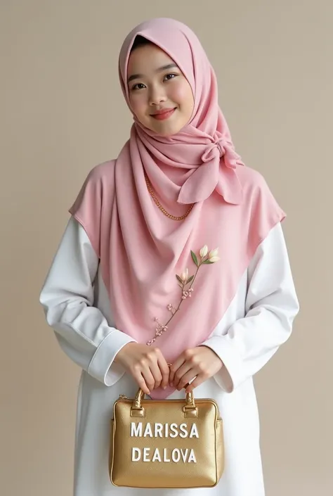 A realistic photo of a 20-year-old Korean woman wearing a pink pasmina jilbab Sharia with a tulip flower motif. and a white long sleeve muslim dress. She is holding a gold famous brand bags with the text "MARISSA DEALOVA" written in an aesthetic font.