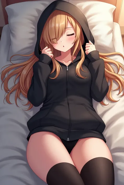 Caramel blonde, long hair, bangs covering one eye, black hoodie zipped up, thick thighs, anime, black thigh high socks, pale skin, femboy, flat chest, laying down on bed, half asleep, thighs squeezed together