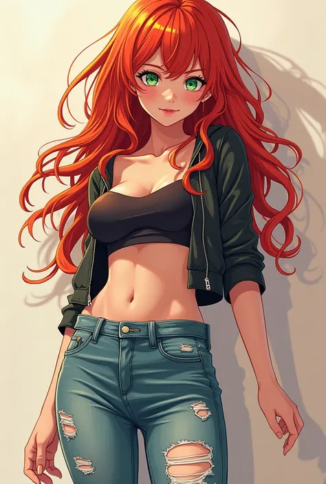 Anime redhead girl in ripped jeans 