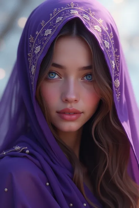 Create a portrait illustration of a beautiful Bangladeshi girl wearing a purple burka with intricate embroidery, leaving only her glowing moon-like face visible. She has long golden-brown hair peeking slightly and deep blue eyes that resemble a serene lake...