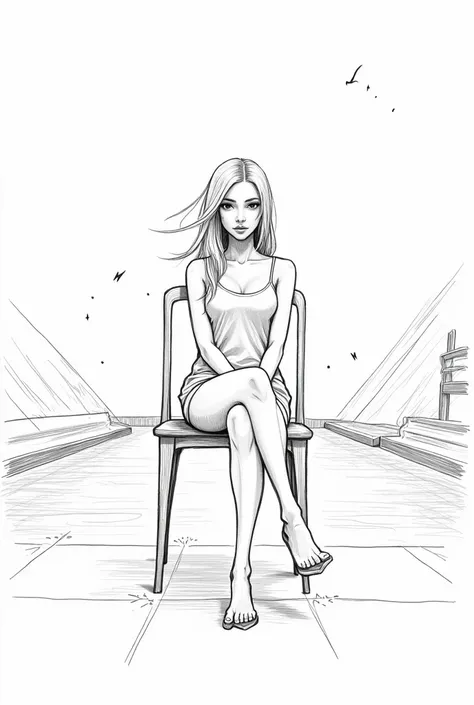 Model girl sitting on a chair crossing her legs,  looking in the front, vista angular frontal , Outlined to draw, Right legs on top of left legs, Girl wind from an angular pool 