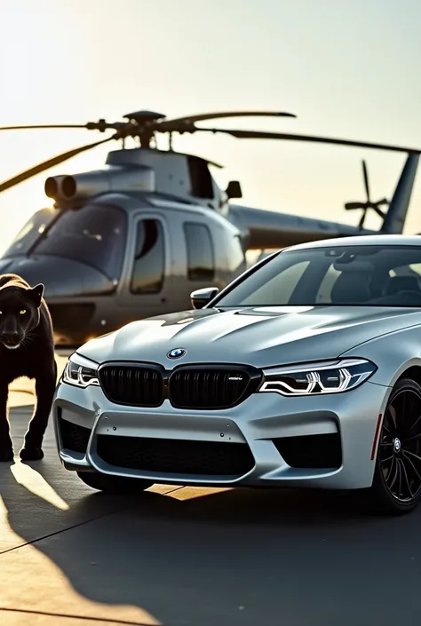 "A stunning BMW M5 CS in a sleek white color, parked with a fierce black panther standing beside it. In the background, a modern helicopter is stationed, adding a dynamic and adventurous vibe to the scene. The sunlight reflects off the cars metallic finish...