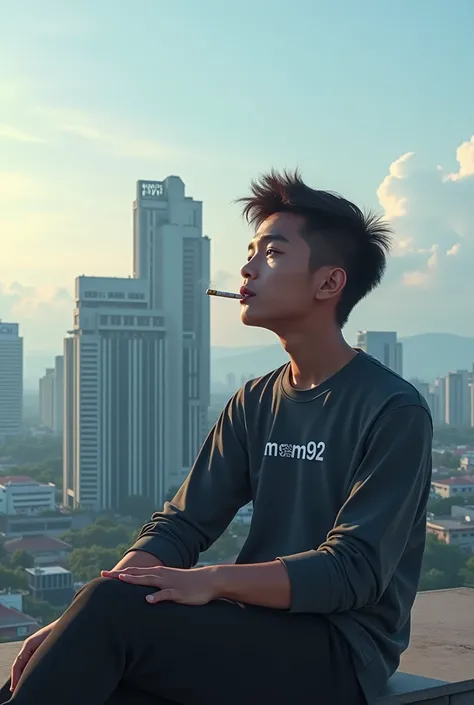 A 25 year old young man from Indonesia wearing a long sleeved shirt with "msm92" written on it is sitting relaxed while smoking on top of a building, and a beautiful view is visible. And there is a building that says "ciodeng hotel"