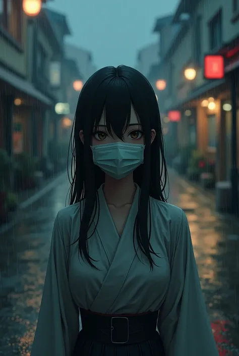 Japanese lady sad use mask medical stand  in rain dark