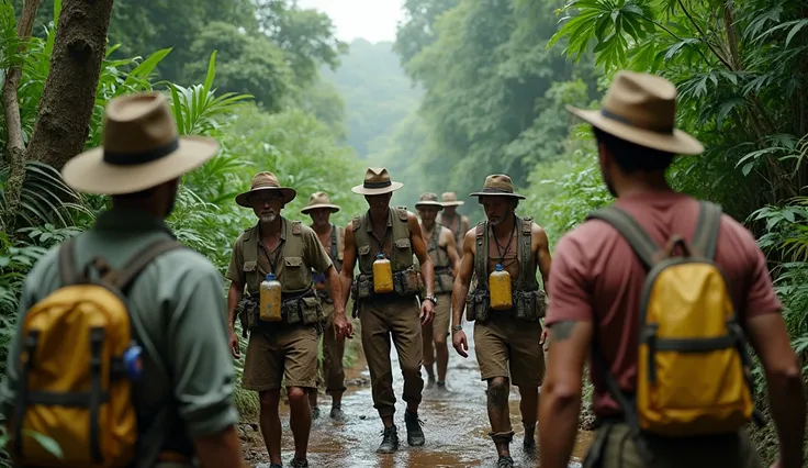 8 hombres con vestidos de ciudad with hats  pero explorador  que van a auna selva ,  which are in front of ,  tourists who went to the Amazon  , with hats ,  cantinploras , life jacket,  elements for the jungle ,  the clothes are muddy and worn out 
