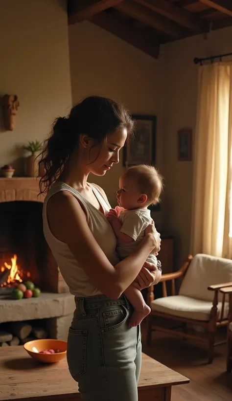 " In a rustic and cozy house , ANA,  a kind-looking woman , Hold Sofia ,  a small and frail baby , In your arms. O rosto de ANA transborda amor e emoção, while Luke,  with simple clothes and a look of relief , Look at the side .  A stone fireplace in the b...