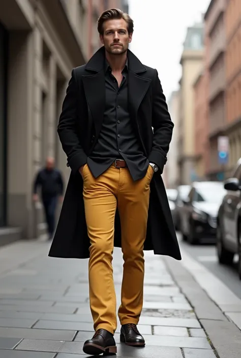 Classic mustard jean,  black shirt, black coat, Mens shoes