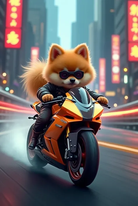 Pomeranian szpic driving a sport bike