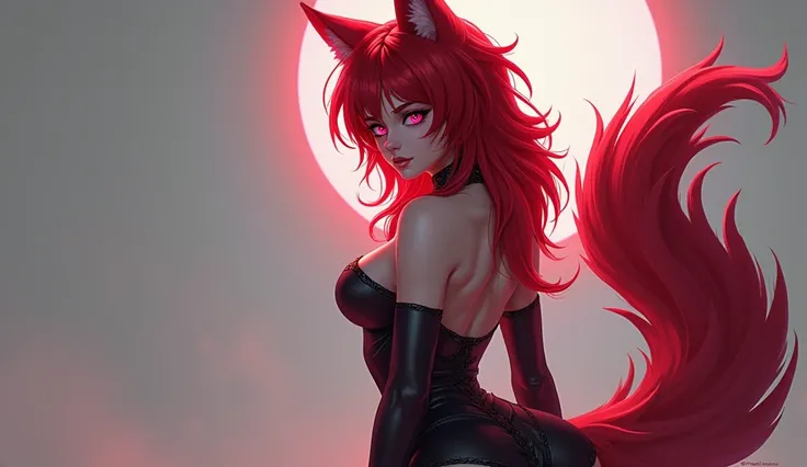 Female One,has red hair,pink eyes,wolfs ears,wolf tail,has a chest,has an ass, wearing a short and sexy dress