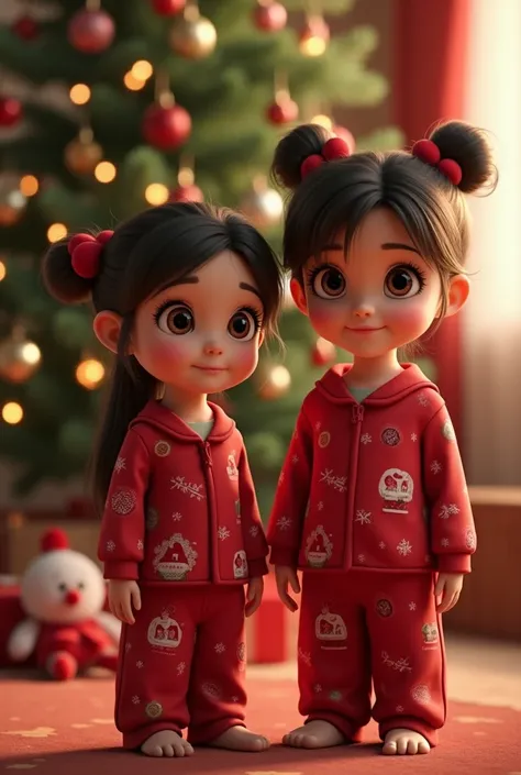 Pixar mom and daughter in the background that you can see a very pretty Christmas tree mom with light eyes long eyelashes in Christmas pajamas the daughter long eyelashes light eyes hair tied in two tails with Christmas pajamas and a plush on the side