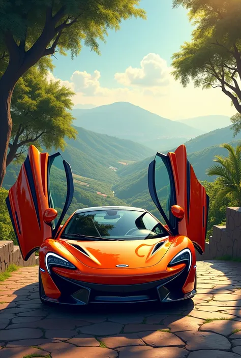 Make a background of arrival in baguio city with a car that is the door is open and make the car McLaren 