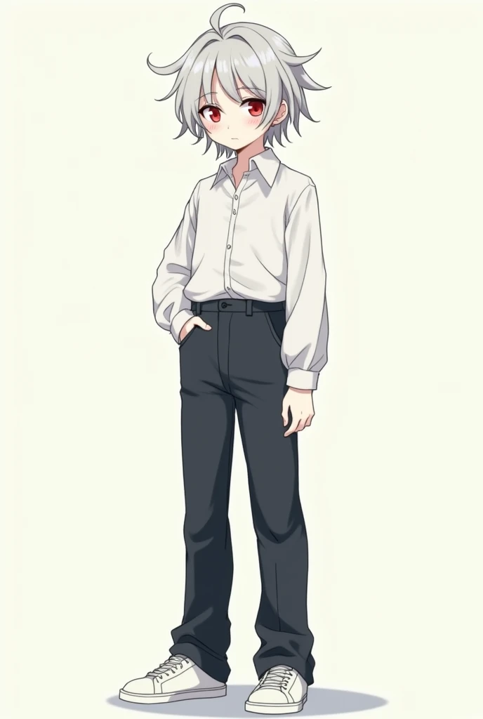 (anime),white skin, ahoge messy medium length greyish white hair, expressionless red eyes,white dress shirt,dark pants and white sneakers