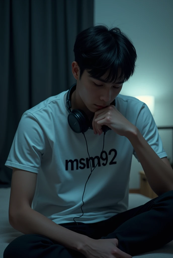 (photorealism:1.2), a handsome young man (1 inch short hair, wearing a white t-shirt with "msm92" written on it with headphones around his neck, sitting with his head down thinking, in his room at night.