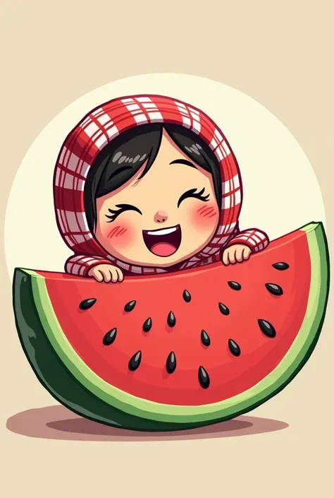 animated girl wearing palestine keffiyeh hugging a big slice of watermelon 