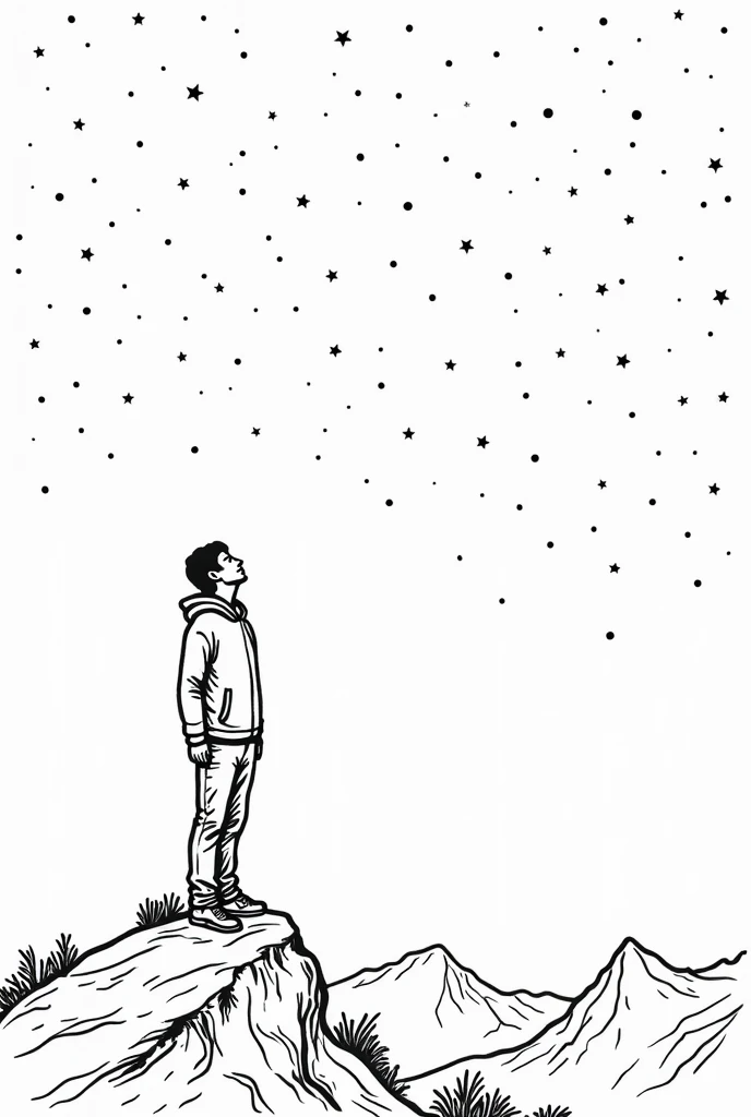  human figure standing on a high mountain looking at the horizon with a confident posture. The person has a raised head  ,  looking up at a sky full of stars . Make it a simple drawing that is easy to copy or trace