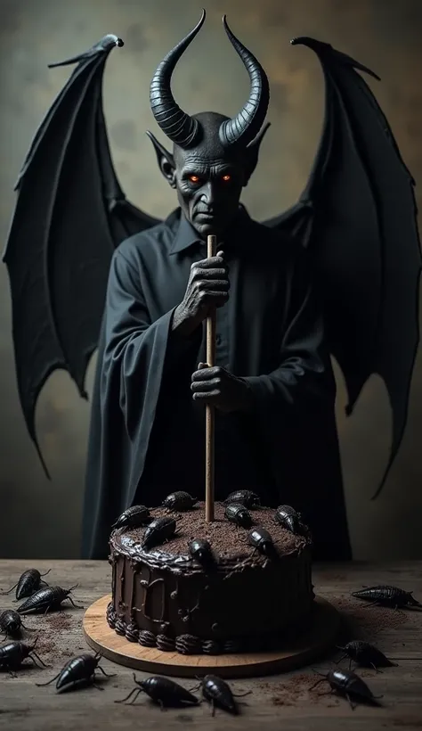 THE DEVIL WHO HOLDS A BLACK SIGN IN HIS HANDS. HE STANDS FACING THE CAMERA, IN FRONT OF HIM THERE IS A BLACK CAKE WITH COCKROACHES
