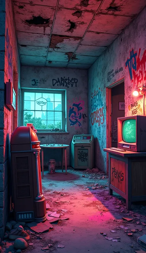 Interior of an old brick house covered in graffiti by EduGer and ByBys, with colorful lights, jukebox and giant television