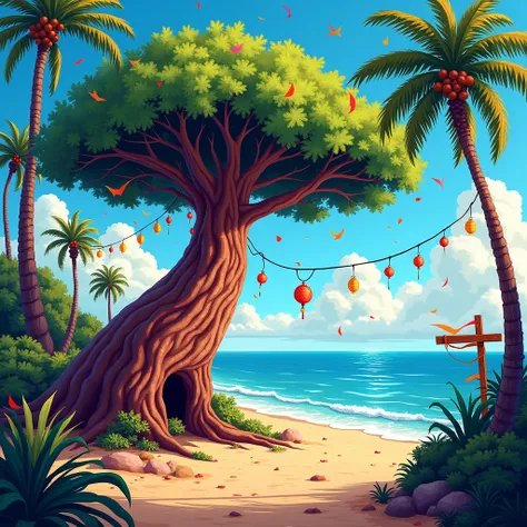 a painting of a baobab tree during new year at the coast. there are palm trees, colorful painting style, 