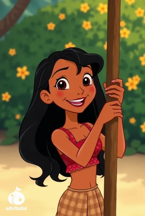 Image is a vibrant animated scene featuring a young girl with long, wavy black hair and medium skin tone. She is smiling and holding onto a wooden pole, standing on a sandy beach with lush green foliage and yellow flowers in the background. The girl is wea...