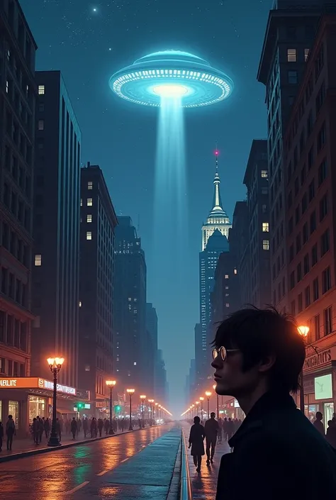 {
  "prompt": "A vibrant image of New York at night, with a bright flying saucer floating in the sky, illuminating the city. The scene can include a silhouette of John Lennon with a curious expression."
}