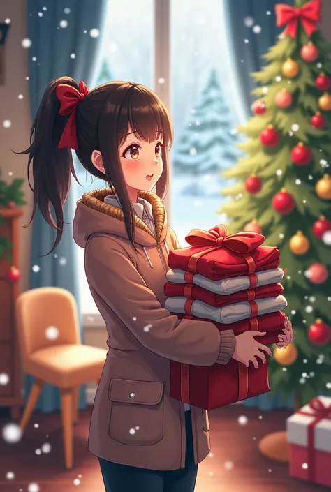 a adult girl holding Christmas clothes with a small smile who looks at a tree decorating in a house while the snow falls out version anime 