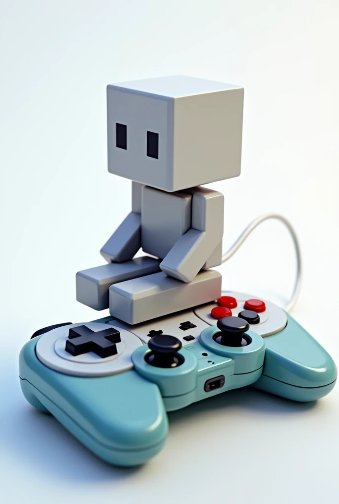  Create a voxel character with a video game control on top, Sitting on it ,  it will have a transparent background 