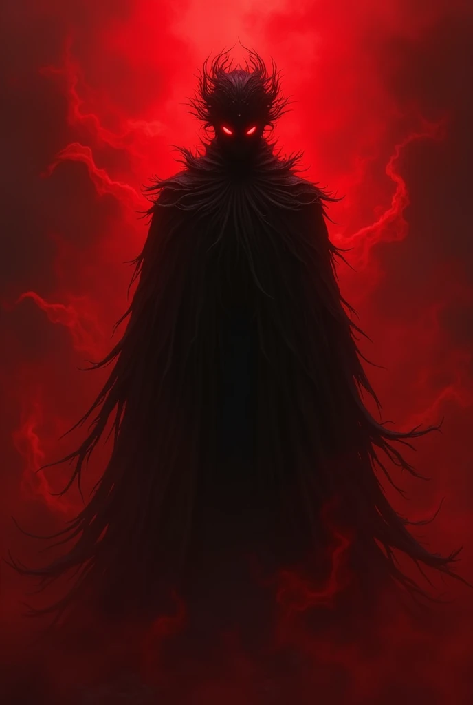 Create a ghost in a black outfit with eyes glowing red with frizzy hair and rage, on a red background with red smoke 