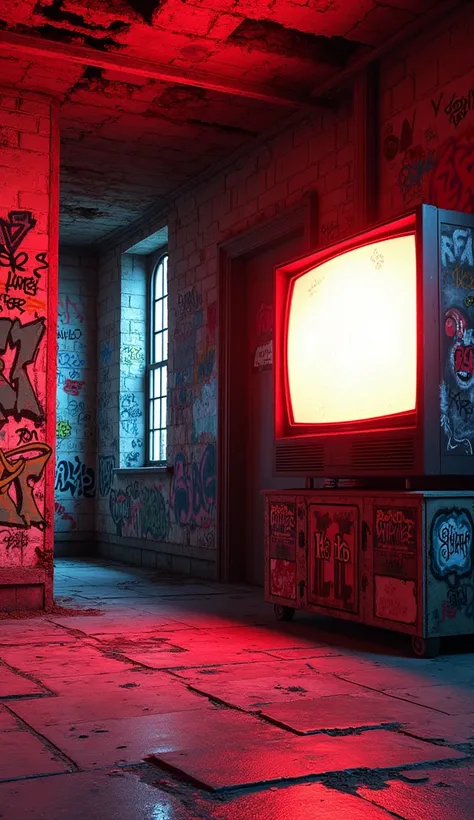 Interior of an old brick house covered in graffiti EduGer, with colorful red lights, giant television near the window
