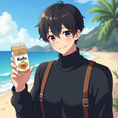 draw an anime-looking man with dark eyes, very short, crop-style hair in a dark warm sweater with a smile in braces, holding a package of kefir in his hand and pulls this hand forward, demonstrating it against the background of the beach