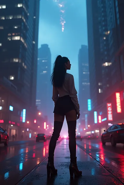 {
  "prompt": "A modern image of Anitta in an urban setting, looking at the night sky. Strange, mysterious lights can be seen on the horizon, sparking a visual debate."
}