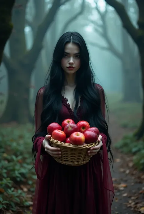 A mysterious young woman in her early 20s with jet-black hair cascading down her shoulders, pale skin as white as snow, wearing a flowing dress in shades of deep red and black, holding a basket filled with bright red apples. Her expression is calm yet enig...