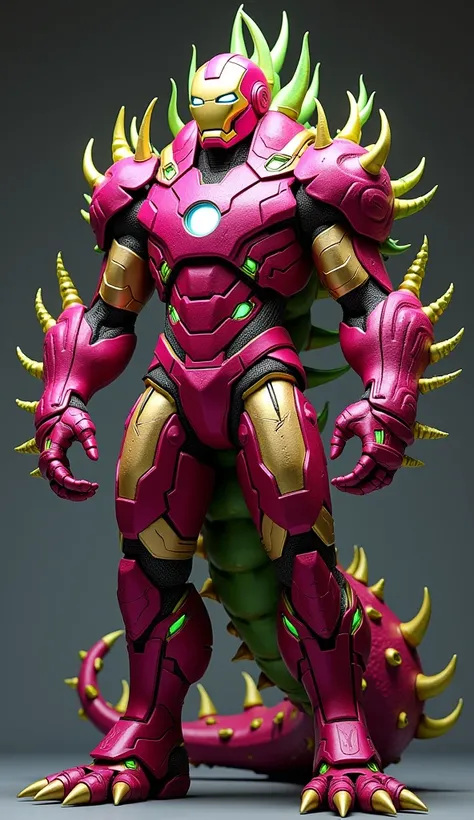 create 32k massive, muscular, and mutated hybrid resembling a futuristic fusion of a dragon fruit and Iron Man. The hybrid retains the vibrant magenta and green tones of the dragon fruit, combined with Iron Mans metallic red and gold armor, glowing with ar...