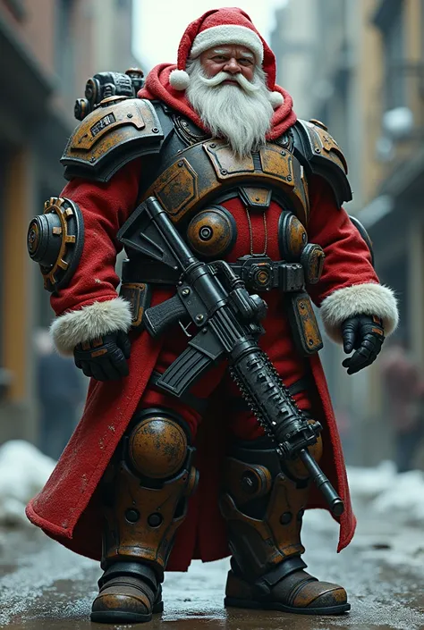 Santa with the COG armor (Gears of Wars 2)  with with his chainsaw-equipped lancer assault rifle.