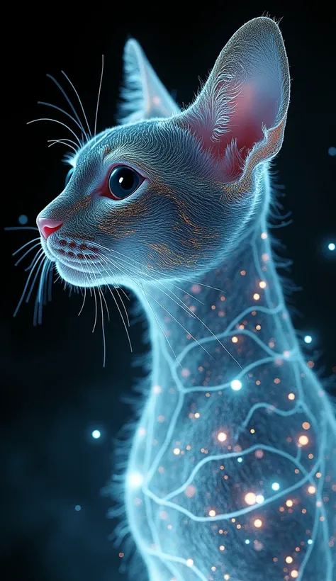 Diffuse hallucinatory cat composed of light matter and cybernetic threads, ultra detailed illustration, complex 3D projections, translucent fabric, glowing texture with black tones, double exposure technique, surreal, lit within a dark fantasy realm featur...