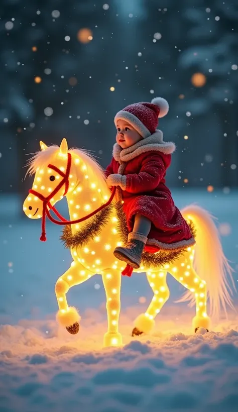  a girl on a small horse like the baby ,  this horse is illuminated like a garland , gallops with the baby on his back ,  the baby has a Christmas coat ,  Christmas boots and a Christmas hat ,  they are in the snow and the sky is starry and snowflakes fall...