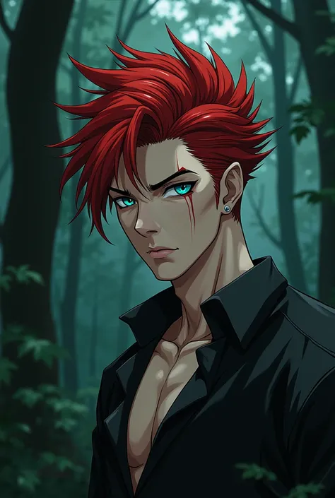  Man with red hair cut wolf cut.  sky blue eyes. Sleepy eyes and defined face .  An elegant and slightly decayed look . Male serious. Trained and marked body . Dark forest background. manga