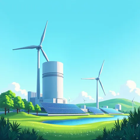 A realist high-quality and detailed illustration of a futuristic hydrogen-powered energy system. The image features sleek hydrogen storage tanks, a modern wind turbine, and a solar farm under a bright blue sky. In the foreground, green plants and grass emp...