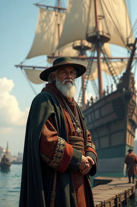 Old man wearing merchant outfit with big ship as background