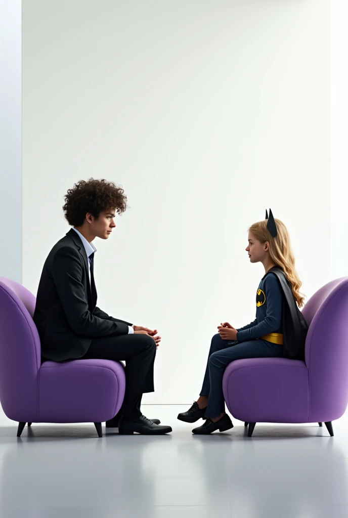  A white room with two purple chairs , a psychologist with very curly long hair , , penetrating black eyes and a blonde girl with blue eyes dressed as Batman