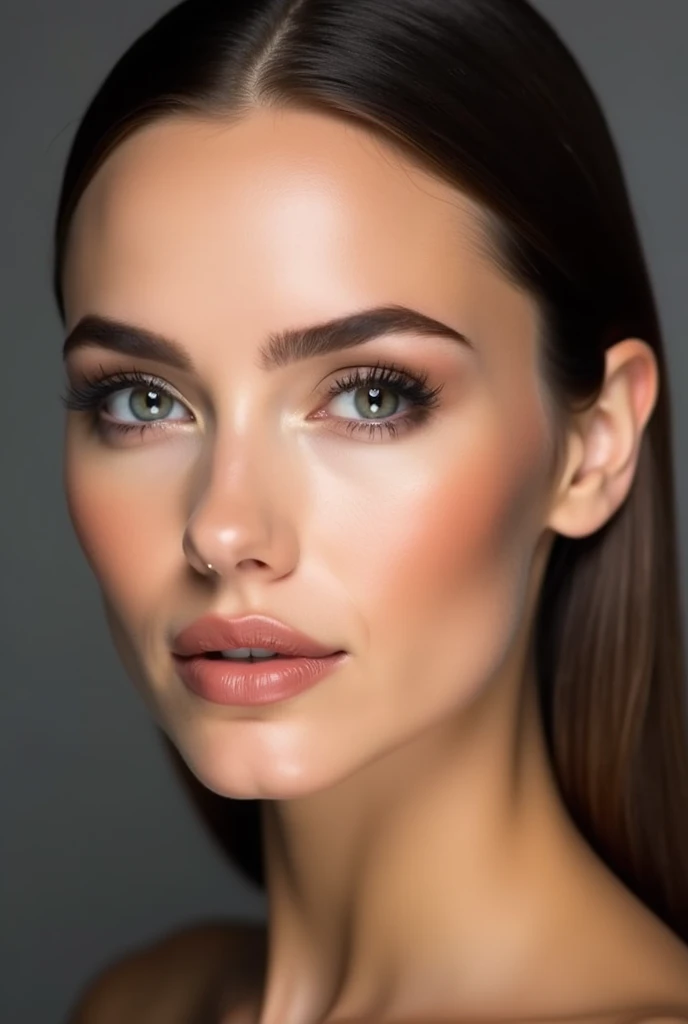 "A beautiful woman with a strikingly symmetrical face and luminous skin. She has perfectly shaped eyebrows and captivating, expressive eyes framed by long lashes, giving her an intense yet soft gaze. Her lips are full and well-defined, enhancing her elegan...