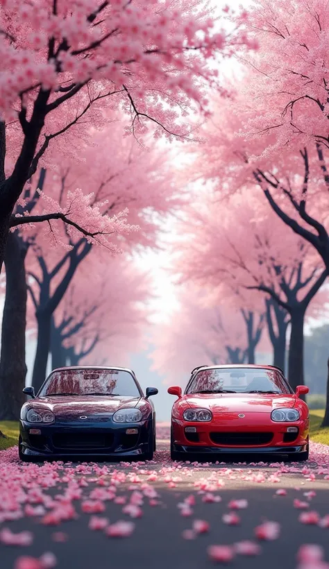 Mazda rx7 Toyota Supra with sakura flowers on it under sakura trees 