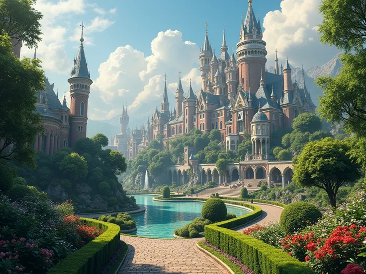 Un Park en medio de una ciudad, fantasy art, Medieval city, Fantasy City,  beautiful city with beautiful gardens, Park, beautiful buildings, Magnificent fantasy city