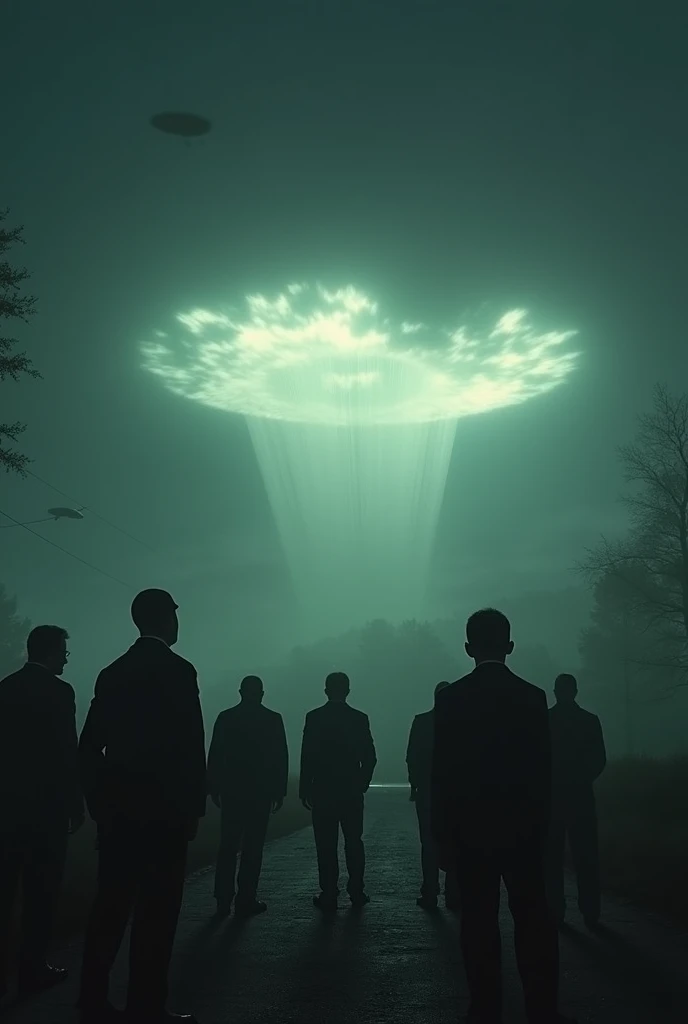 {
  "prompt": "A dark, conspiratorial image showing a large secret military operation or a government facility, with shadowy figures discussing or manipulating information about UFOs. The sky can have strange, illuminated clouds."
}