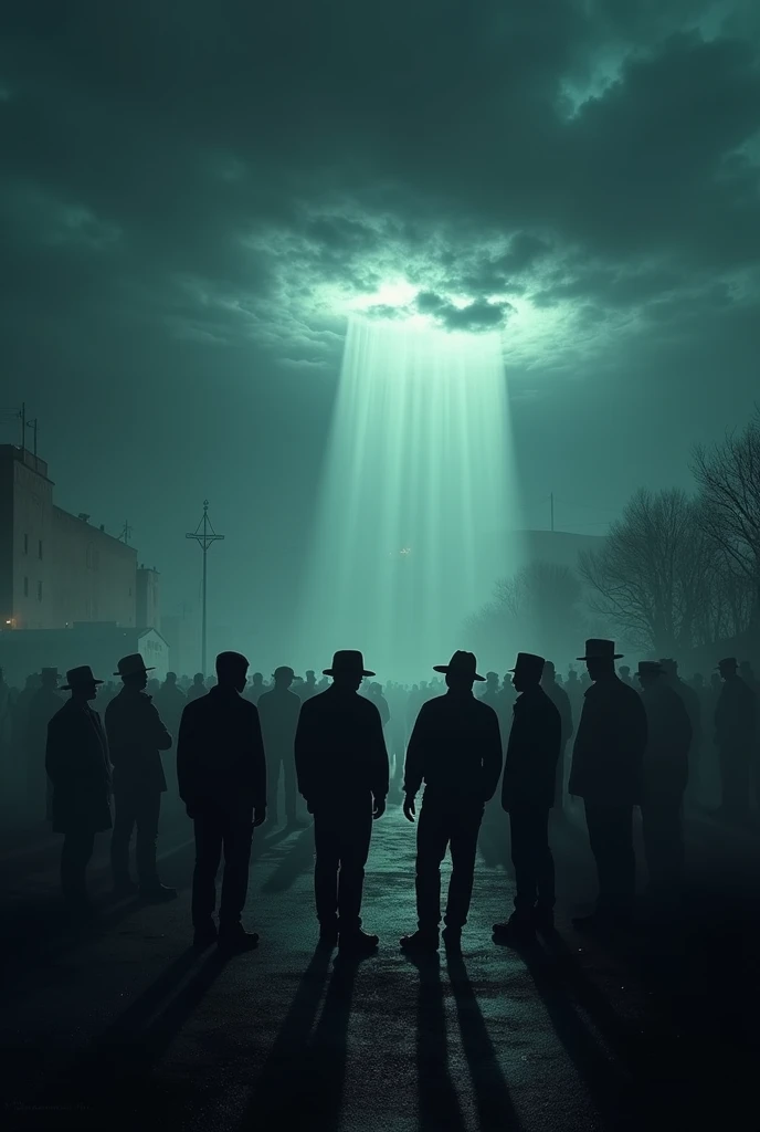 {
  "prompt": "A dark, conspiratorial image showing a large secret military operation or a government facility, with shadowy figures discussing or manipulating information about UFOs. The sky can have strange, illuminated clouds."
}