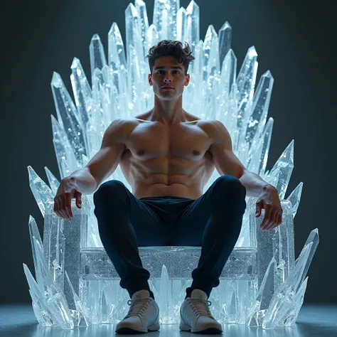 Handsome teen age boy, hot body, with 8 pack abs, shradid body, wearing casual clothes, sitting on a crystal throne, 8k, hd, 6 feet height