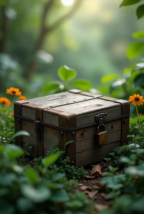 An old box with a small padlock hidden in the blurry garden. 