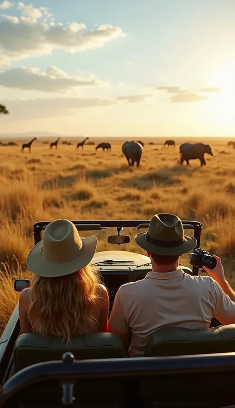  A breathtaking view of the Serengeti at dawn ,  with Leonardo DiCaprio and Beyoncé in an open safari jeep .  The vegetation of the golden savanna extends to the horizon ,  where elephants and zebras roam quietly .  wears a Leonardo hat Explorer and hold a...