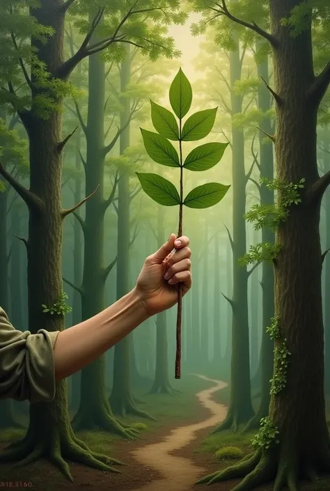  someone holding a branch with a green leaf,  a painting by Joseph-Marie Vien , pixabay, Environmental art,  Touching a tree in a forest ,  Sustainability , with a cane, sustainable,  Environmentally friendly ,  nature unity , in the middle of nature,  hol...